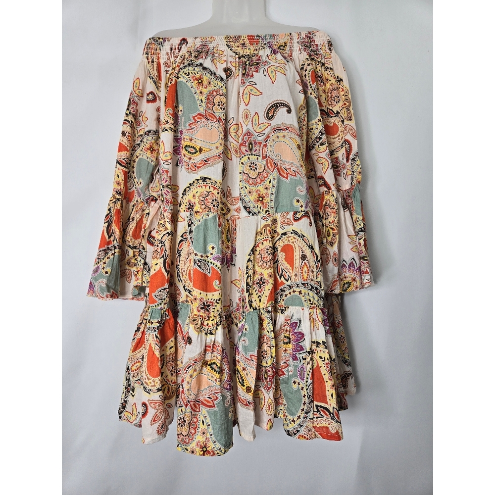 Boho Off-Shoulder Tiered Paisley Dress in Cream and Orange